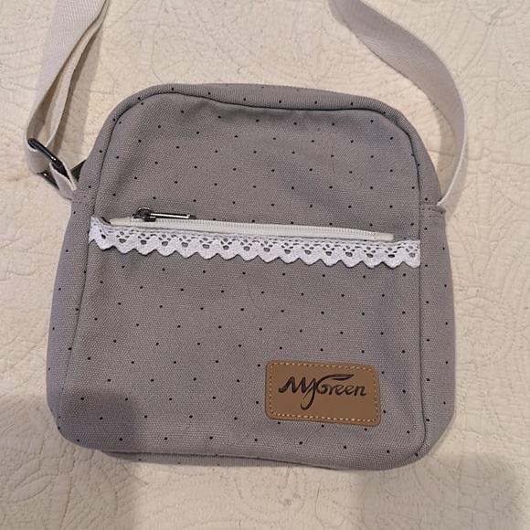 Vintage mygreen Canvas Gray w/ Black Dot & White Lace Trim Purse - Picture 2 of 4